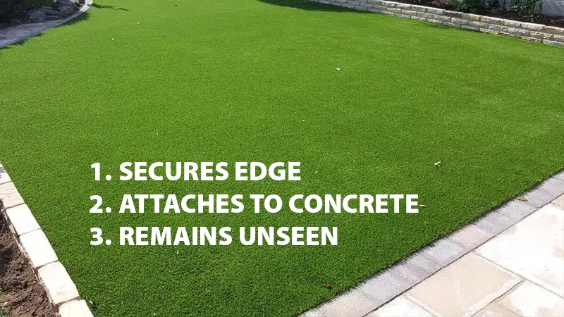 Nailer board installation steps listed on a photo of artifical turf