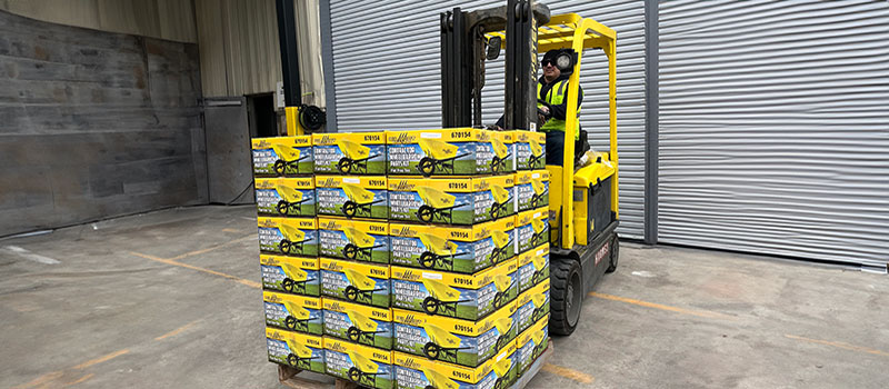 Wildcat Yellow Wheelbarrow Boxes on a forklift